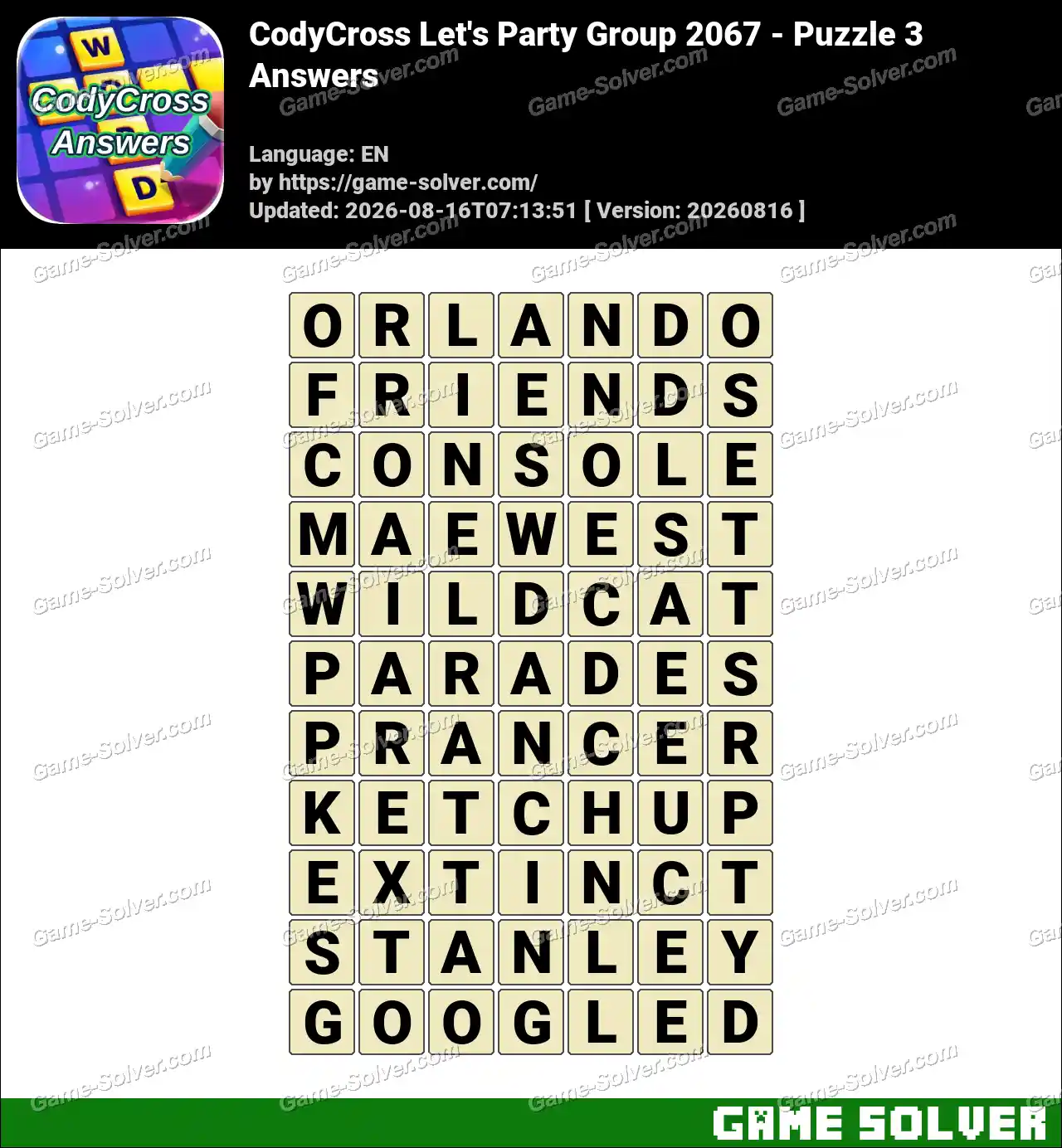 CodyCross Let’s Party Group 2067 – Puzzle 3 Answers